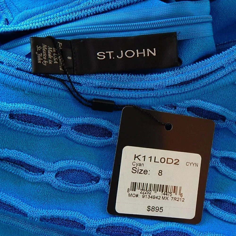 St. John Cyan Blue Makena Knit Sleeveless Sheath Pointelle Trim Dress NWT New 8